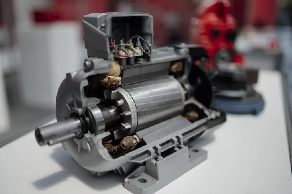 Moteur électrique en coupe : rotor, bobinages de cuivre et boîtier de raccordement, modèle d'exposition technique